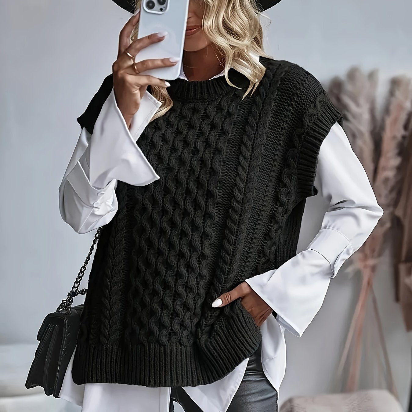 Comfortable Cable Knit Sweater Vest for Women with Crew Neck Sleeveless Oversized Relaxed Knit Style