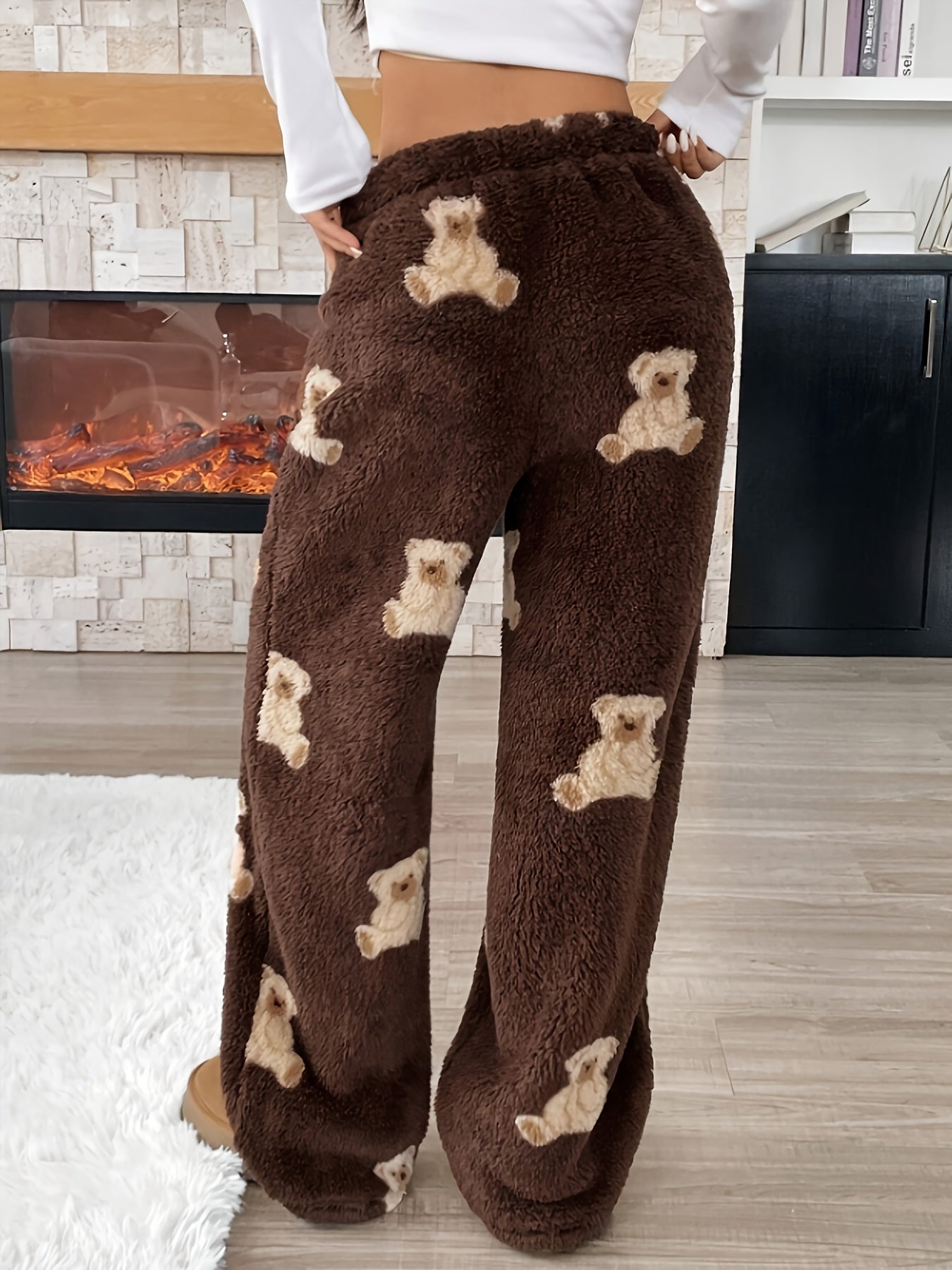 Comfortable Dark Brown Teddy Bear Print Fleece Pants for Women with High Waist Drawstring Wide Leg Relaxed Casual Style