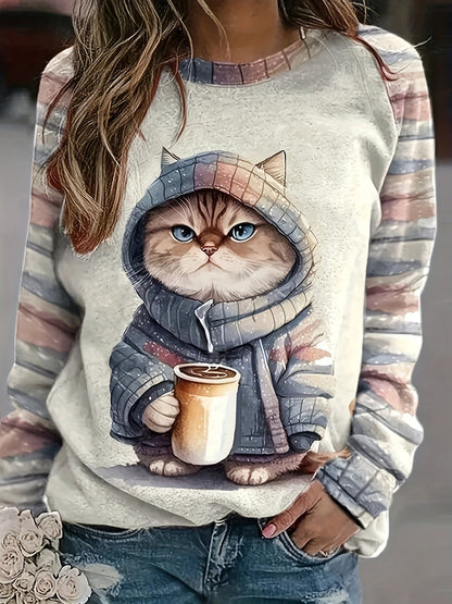 Comfortable Apricot Cat Print Sweatshirt for Women with Crew Neck Long Sleeve Striped Raglan Relaxed Style