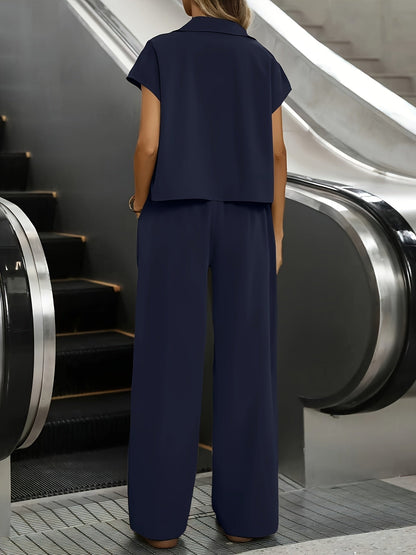 Effortless Wide Leg Set for Women with Collar Short Sleeve Utility Jacket Two Piece Style