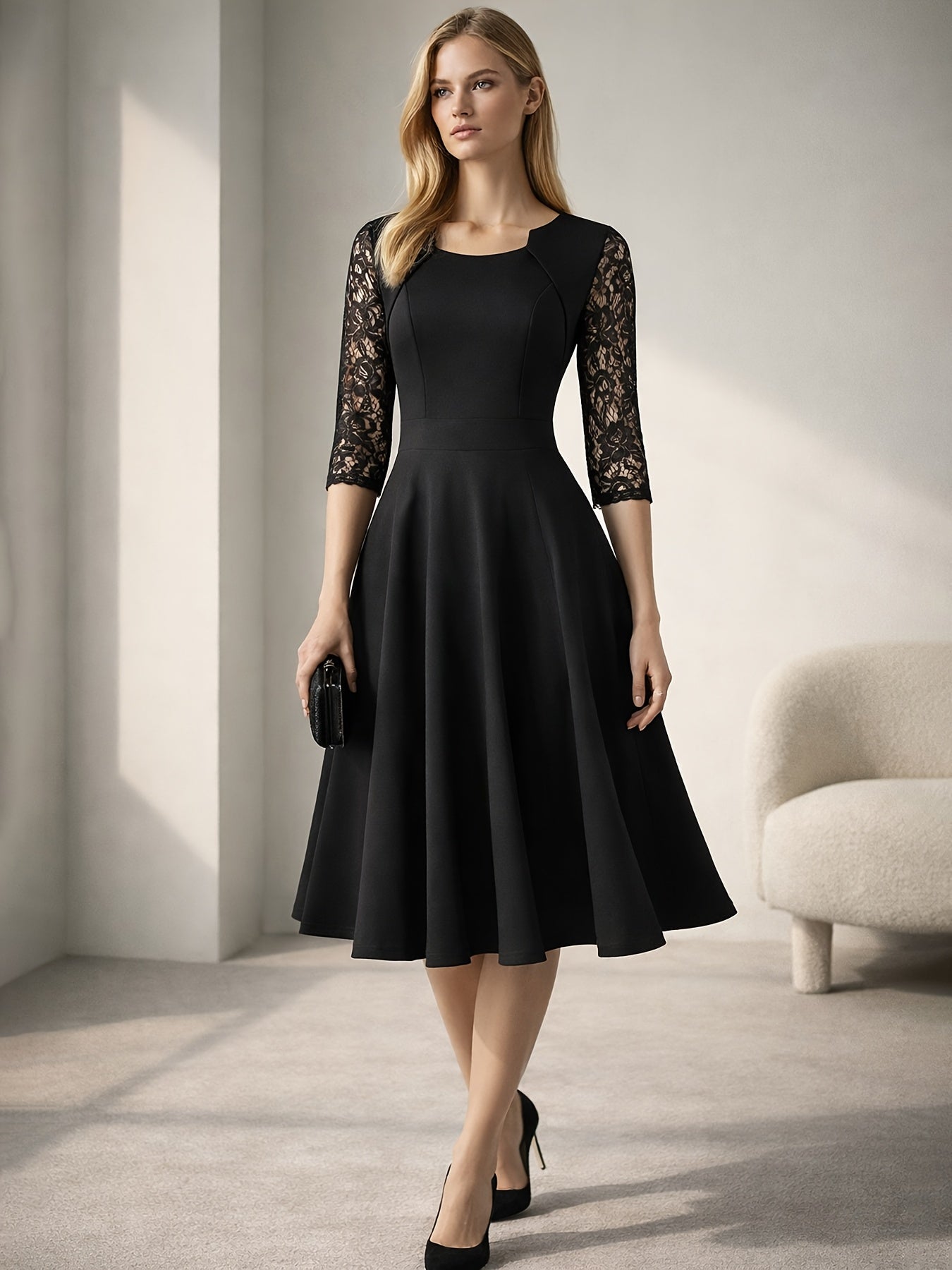 Elegant Lace Midi Dress for Women with Square Neck Three Quarter Sleeve Fit and Flare Cocktail Style