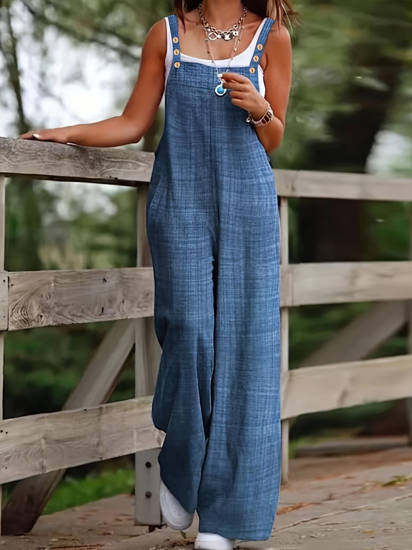 Effortless Linen Wide Leg Jumpsuit for Women with Square Neck Button Strap Relaxed Casual Style