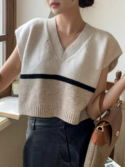 Elegant Apricot Colorblock Sweater Vest for Women with V Neck Sleeveless Cropped Oversized Knit Style