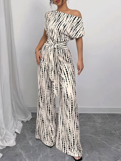 Elegant Apricot Abstract Print Jumpsuit for Women with One Shoulder Short Sleeve Belted Wide Leg Style