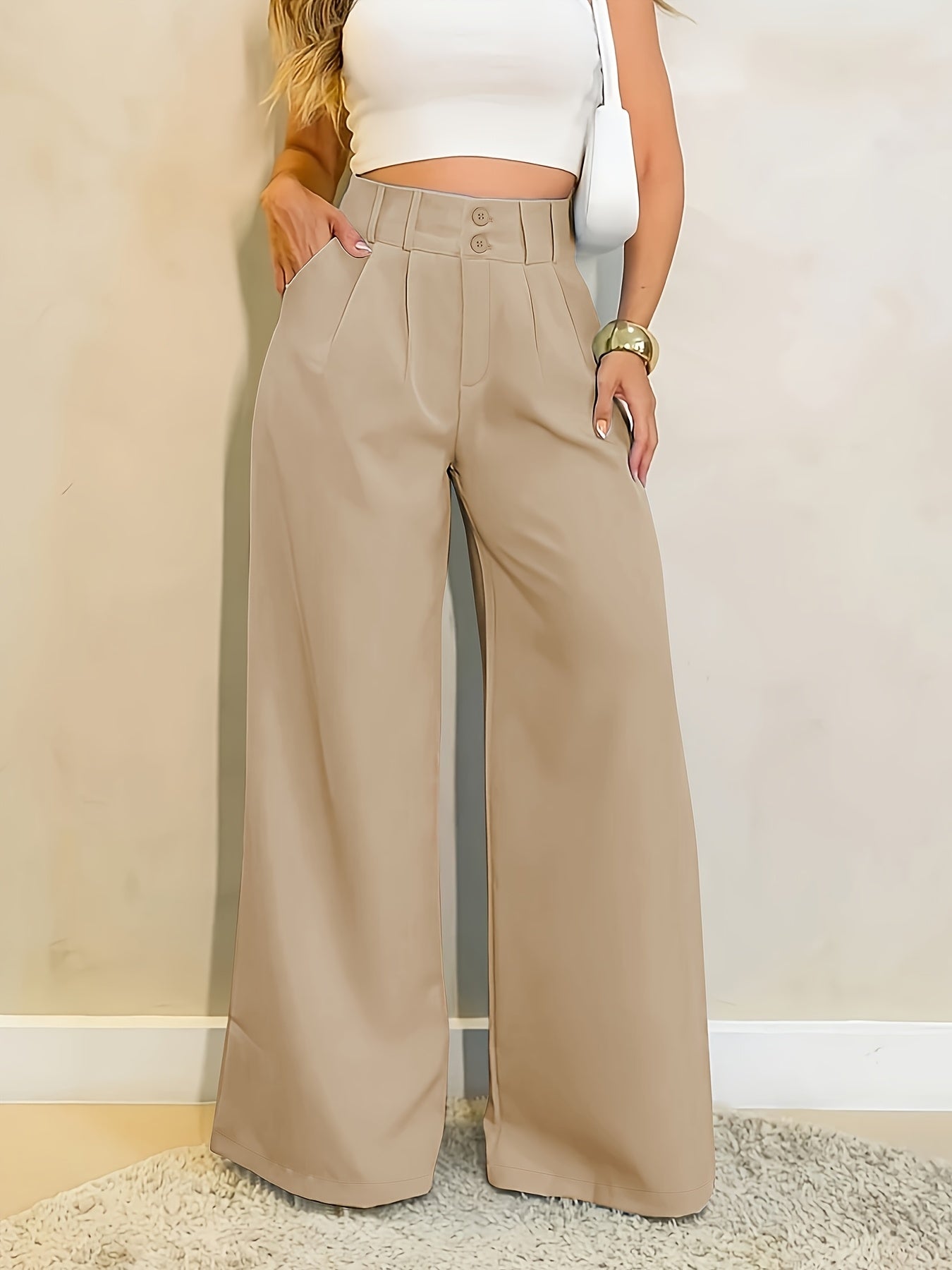 Effortless Wide Leg Pants for Women with High Waisted Button Front Pleated Tailored Style