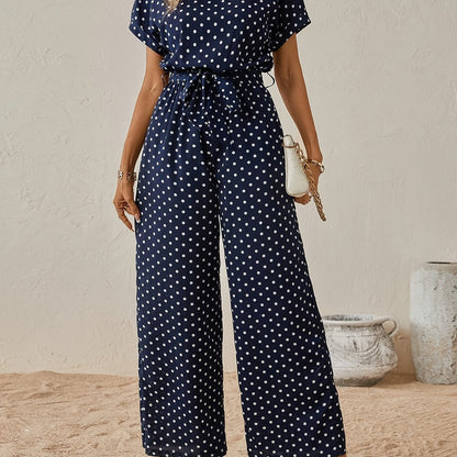 Effortless Polka Dot Jumpsuit for Women with Boat Neck Short Sleeve Tied Waist Wide Leg Style