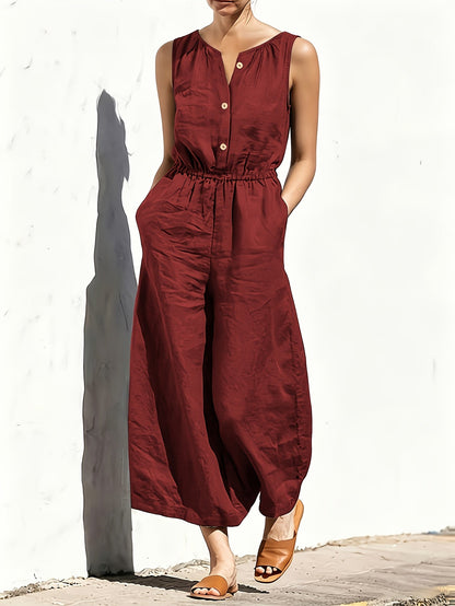 Effortless Navy Blue Linen Wide Leg Jumpsuit for Women with V Neck Sleeveless Button Front Relaxed Style