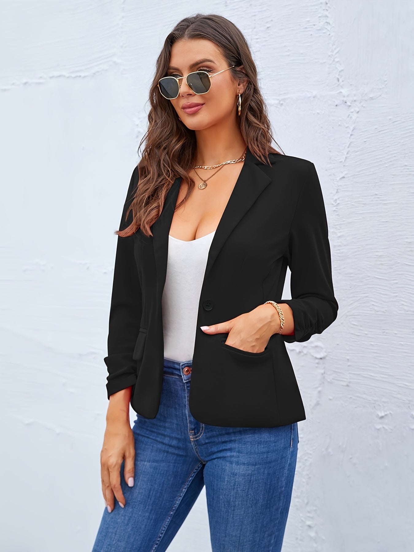 Elegant Black Blazer for Women with Notch Lapel Long Sleeve Ruched Cuff Fitted Casual Style