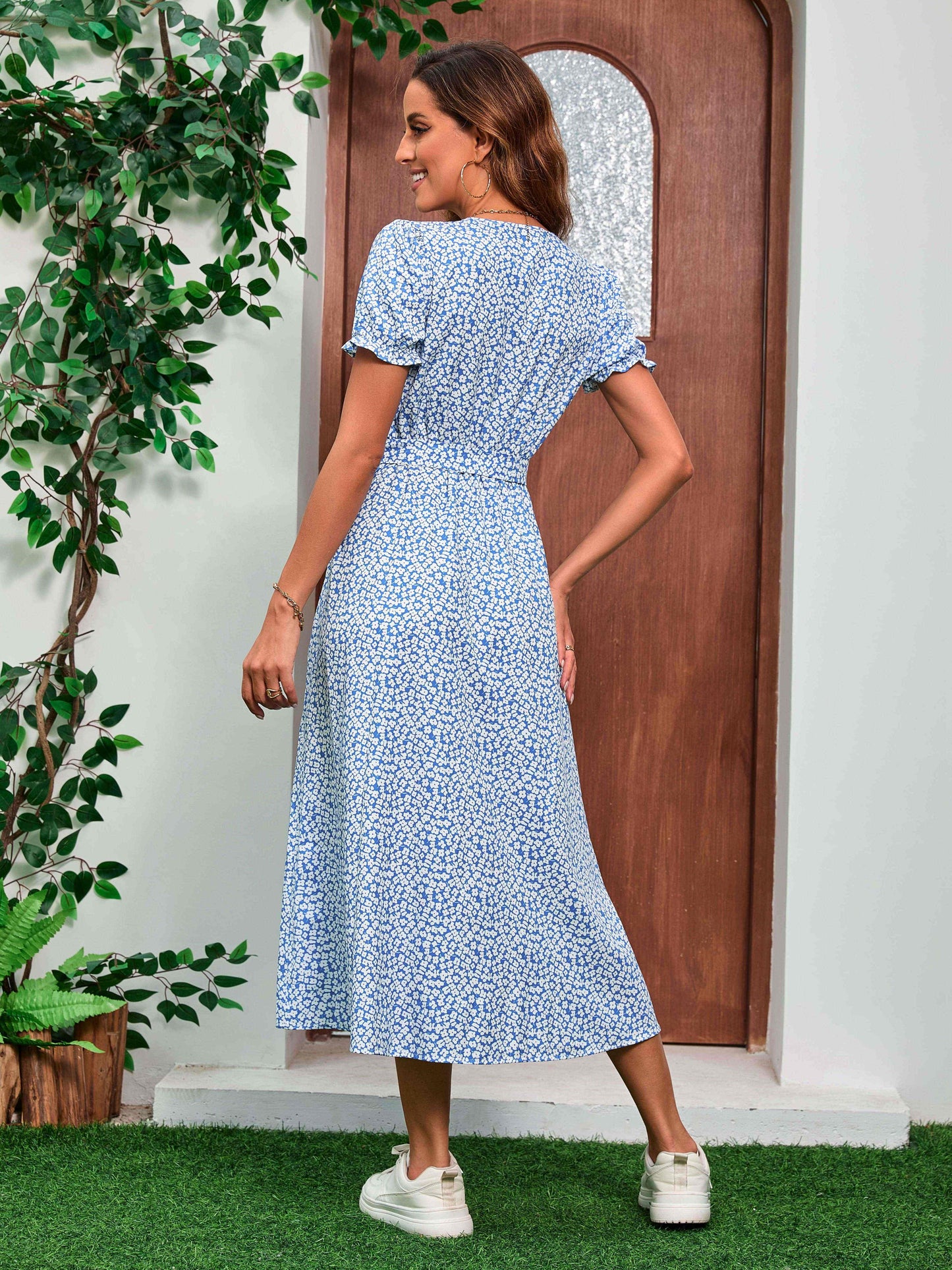 Effortless Blue Floral Maxi Dress for Women with V Neck Ruffle Sleeve Side Slit Flowing Style