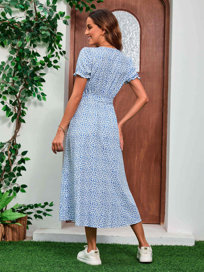 Effortless Blue Floral Maxi Dress for Women with V Neck Ruffle Sleeve Side Slit Flowing Style