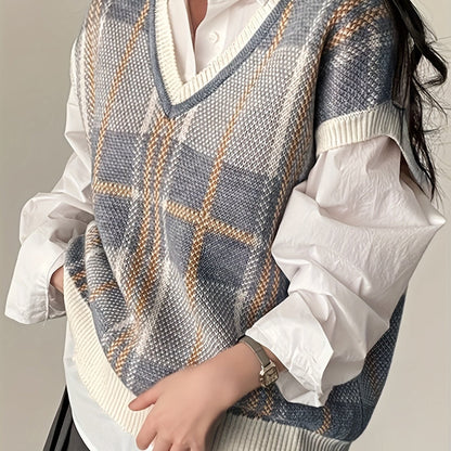 Comfortable Plaid Sweater Vest for Women with V Neck Sleeveless Oversized Knit Style