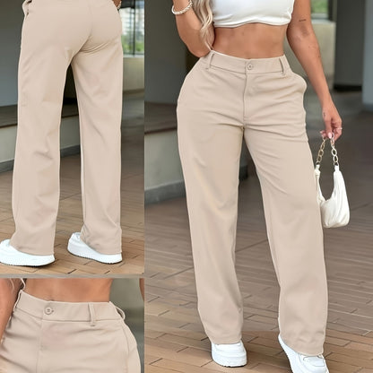 Effortless Khaki Wide Leg Trouser for Women with High Waist Button Front Straight Leg Relaxed Style