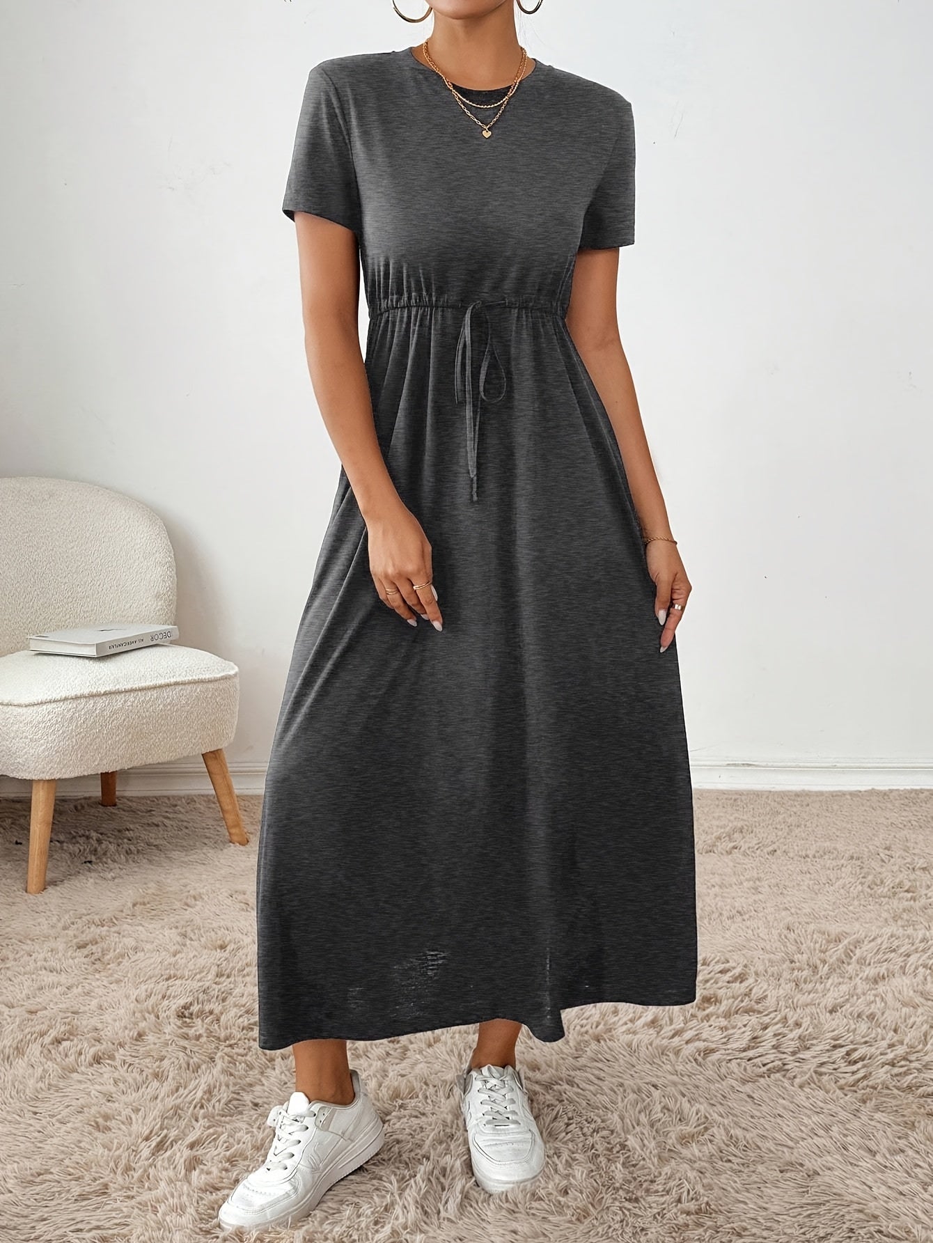 Effortless Drawstring Maxi Dress for Women with Round Neck Short Sleeve Cinched Waist Flowing Casual Style