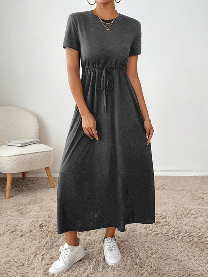 Effortless Drawstring Maxi Dress for Women with Round Neck Short Sleeve Cinched Waist Flowing Casual Style