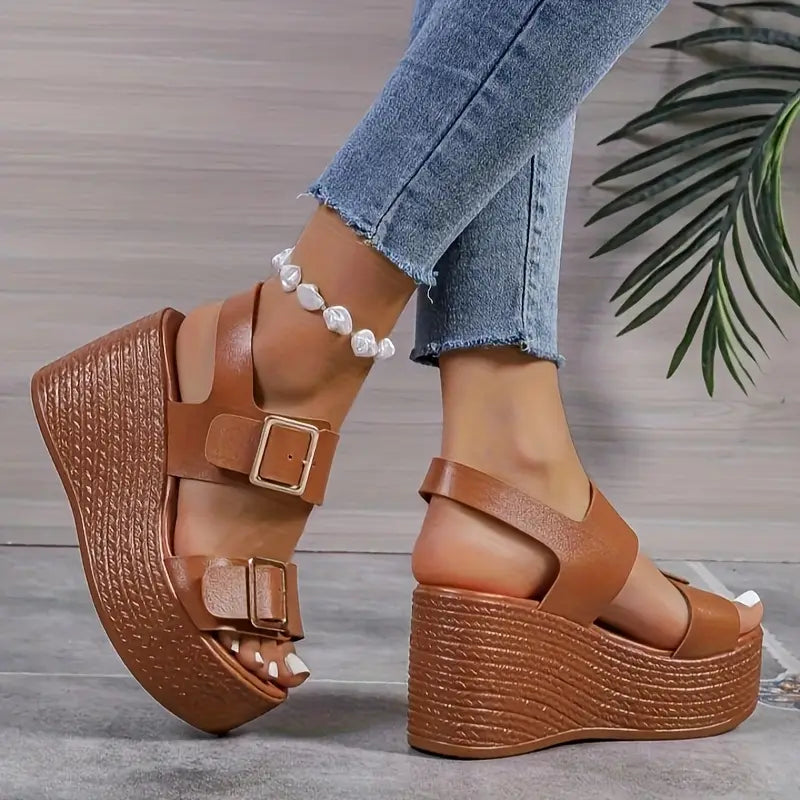 Comfortable Brown Wedge Sandals for Women with Double Buckle Strap Espadrille Platform Open Toe Style