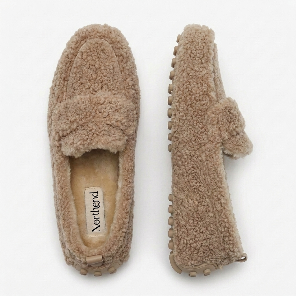 Comfortable House Shoes for Women with Curly Faux Fur Upper Moccasin Slip On Rubber Sole Style