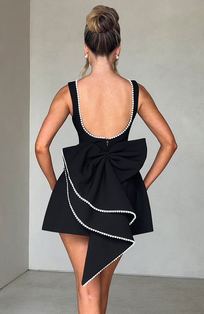 Elegant Pearl Trim Mini Dress for Women with Bateau Neck Sleeveless Bow Back Fit and Flare Cocktail Style