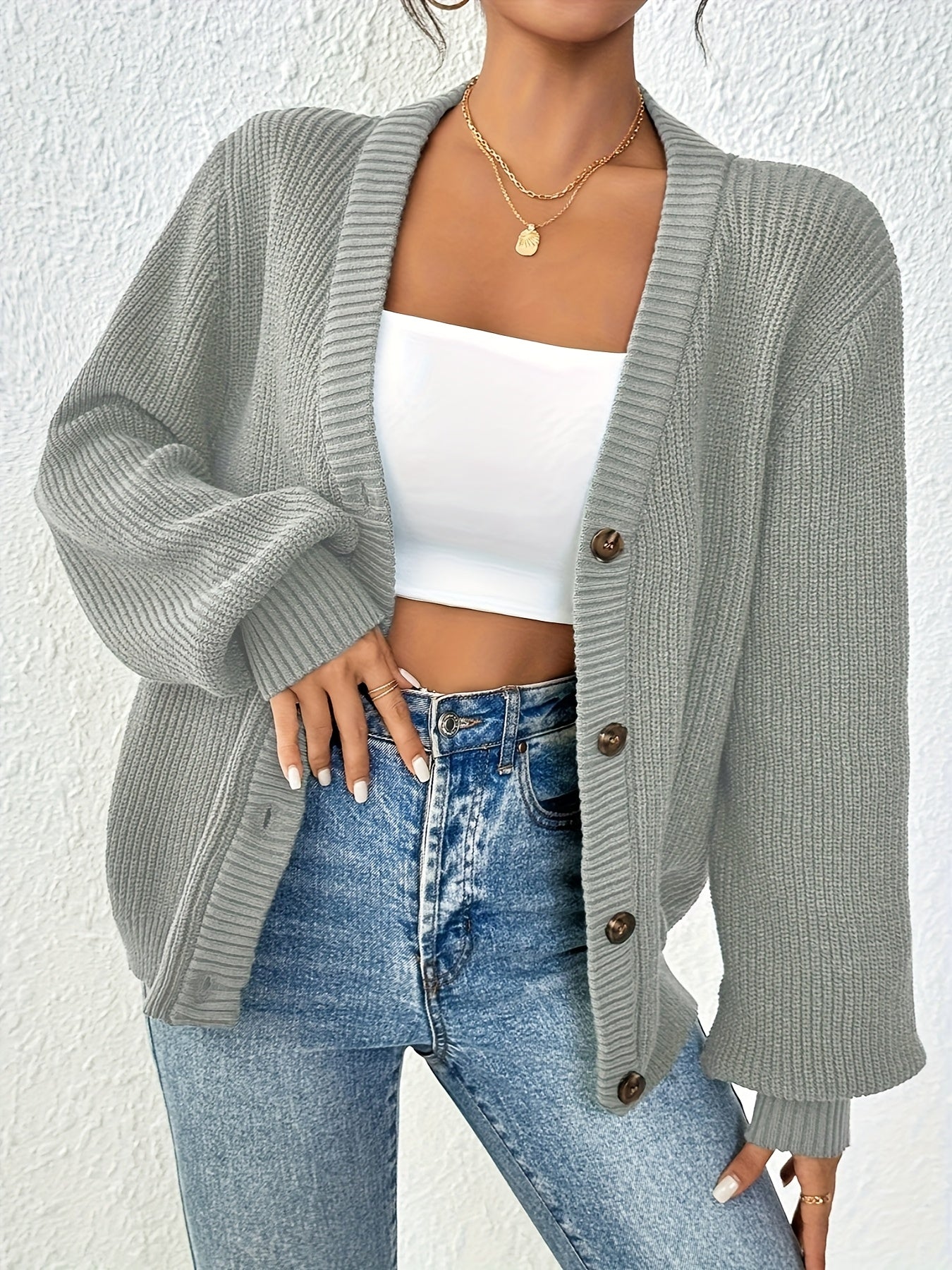 Comfortable Ribbed Knit Cardigan for Women with V Neck Balloon Sleeve Button Front Oversized Style