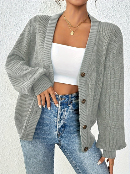 Comfortable Ribbed Knit Cardigan for Women with V Neck Balloon Sleeve Button Front Oversized Style