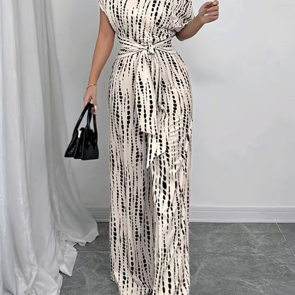Elegant Apricot Abstract Print Jumpsuit for Women with One Shoulder Short Sleeve Belted Wide Leg Style