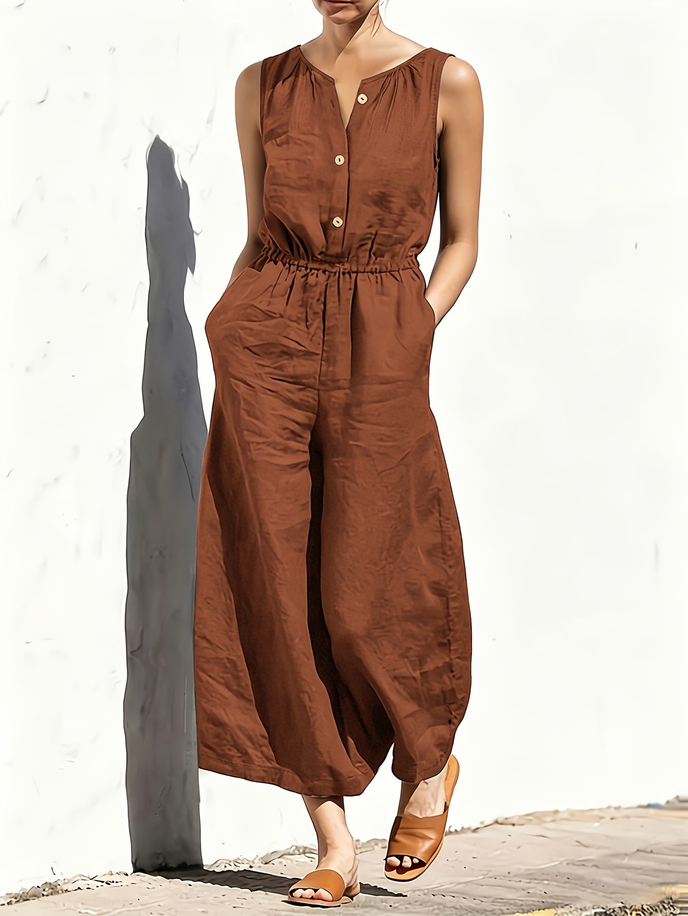 Effortless Navy Blue Linen Wide Leg Jumpsuit for Women with V Neck Sleeveless Button Front Relaxed Style