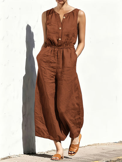 Effortless Navy Blue Linen Wide Leg Jumpsuit for Women with V Neck Sleeveless Button Front Relaxed Style