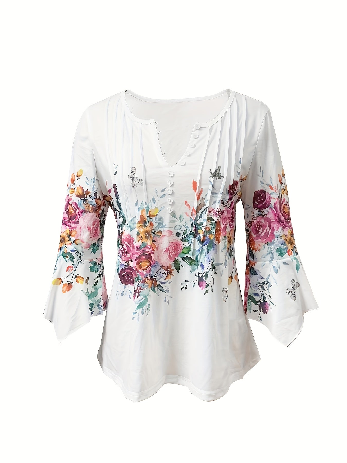 Effortless White Floral Blouse for Women with V Neck Bell Sleeve Button Front Pleated Casual Style