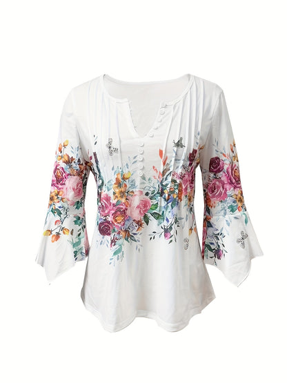 Effortless White Floral Blouse for Women with V Neck Bell Sleeve Button Front Pleated Casual Style