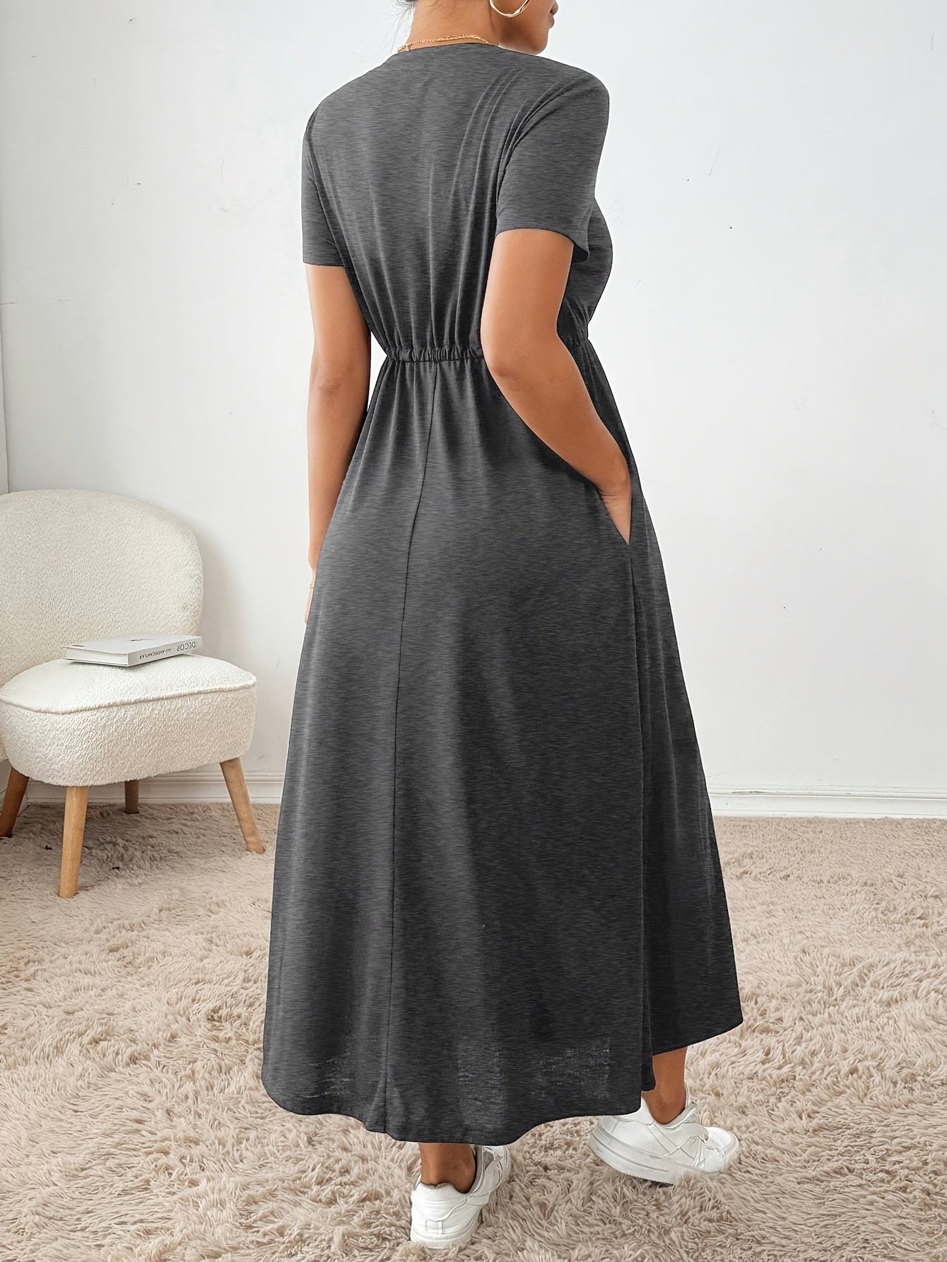 Effortless Drawstring Maxi Dress for Women with Round Neck Short Sleeve Cinched Waist Flowing Casual Style