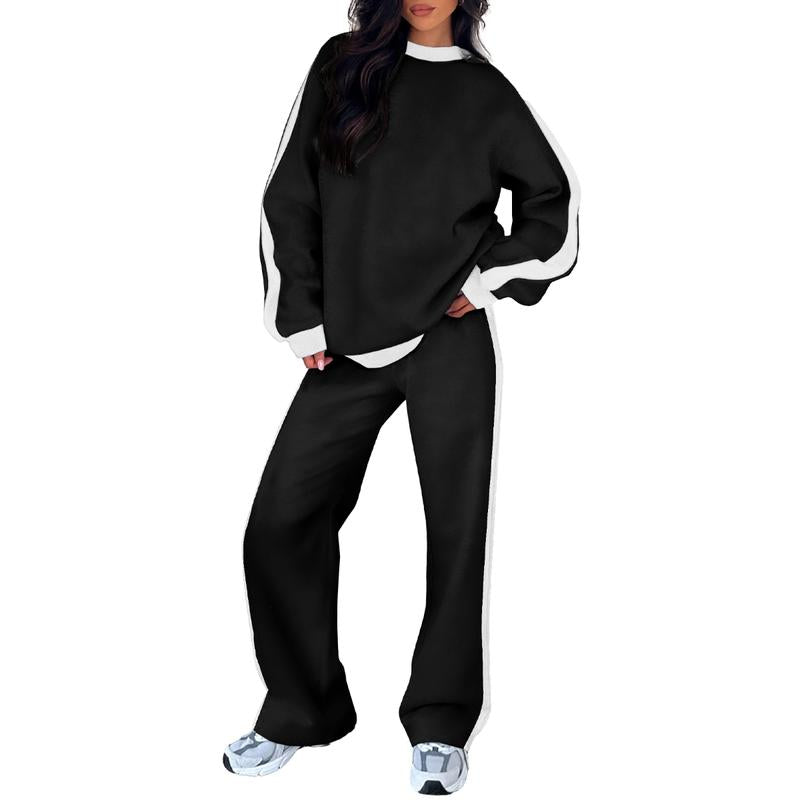 Comfortable Colorblock Wide Leg Set for Women with Crewneck Long Sleeve Contrast Stripe Two Piece Style