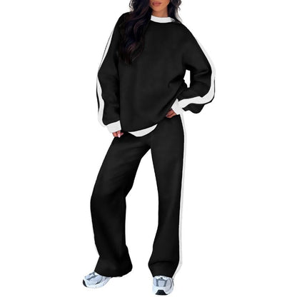 Comfortable Colorblock Wide Leg Set for Women with Crewneck Long Sleeve Contrast Stripe Two Piece Style