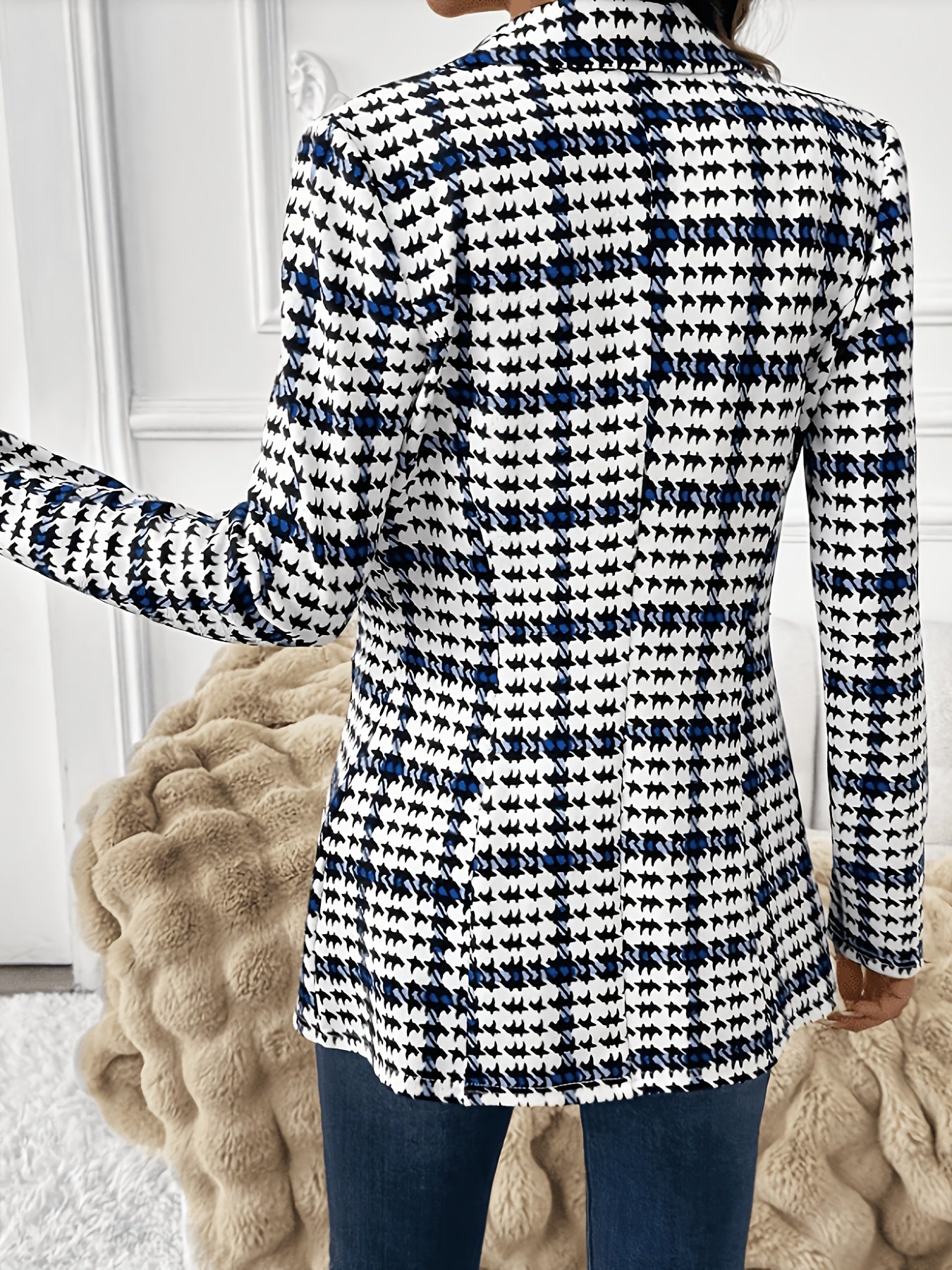 Elegant Navy Houndstooth Blazer for Women with Notch Lapel Long Sleeve Open Front Tailored Style