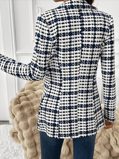 Elegant Navy Houndstooth Blazer for Women with Notch Lapel Long Sleeve Open Front Tailored Style