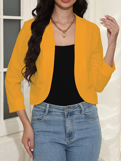 Effortless Cropped Jacket for Women with Open Front Elbow Sleeve Ribbed Cuff Relaxed Style