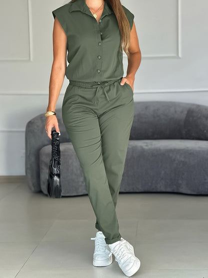 Elegant Army Green Jumpsuit for Women with Collar Cap Sleeve Drawstring Waist Tapered Style