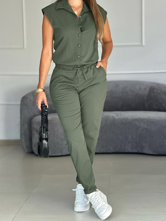 Elegant Army Green Jumpsuit for Women with Collar Cap Sleeve Drawstring Waist Tapered Style