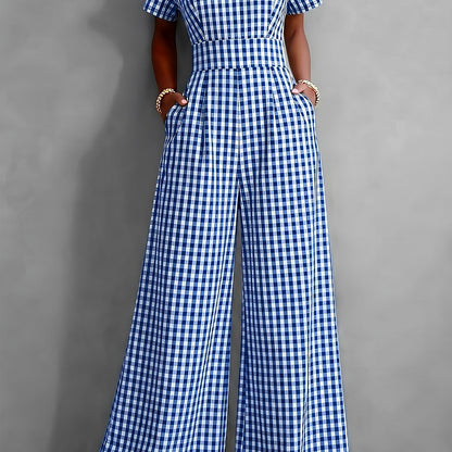 Effortless Gingham Wide Leg Jumpsuit for Women with V Neck Short Sleeve Pleated Pocket Casual Style
