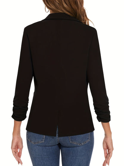 Elegant Black Blazer for Women with Notch Lapel Long Sleeve Ruched Cuff Fitted Casual Style