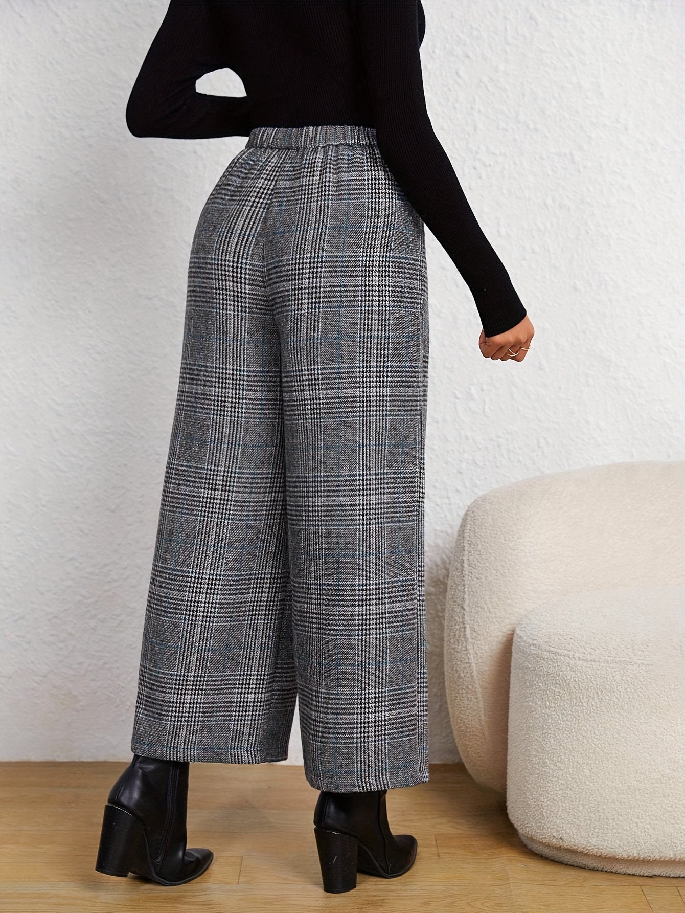 Elegant Grey Houndstooth Wide Leg Pants for Women with High Waist Button Front Tailored Style