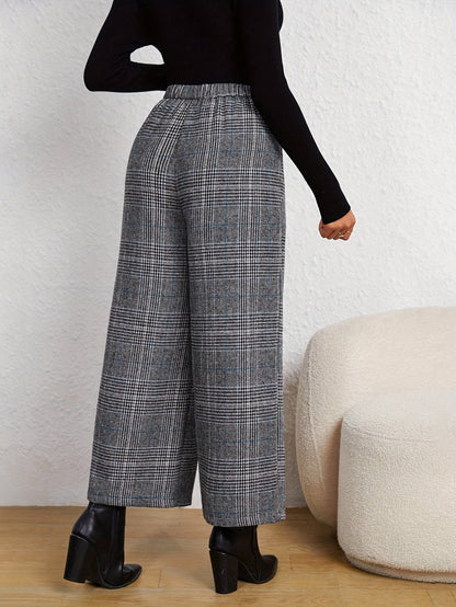 Elegant Grey Houndstooth Wide Leg Pants for Women with High Waist Button Front Tailored Style