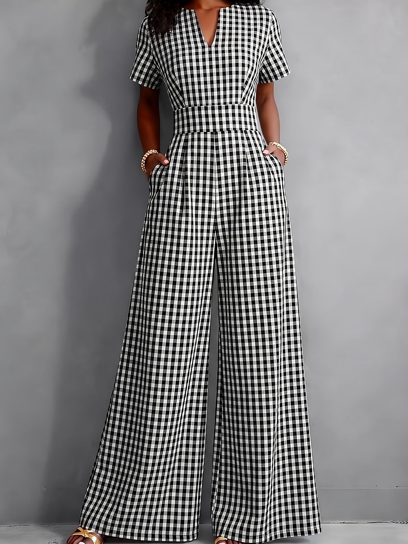 Effortless Gingham Wide Leg Jumpsuit for Women with V Neck Short Sleeve Pleated Pocket Casual Style