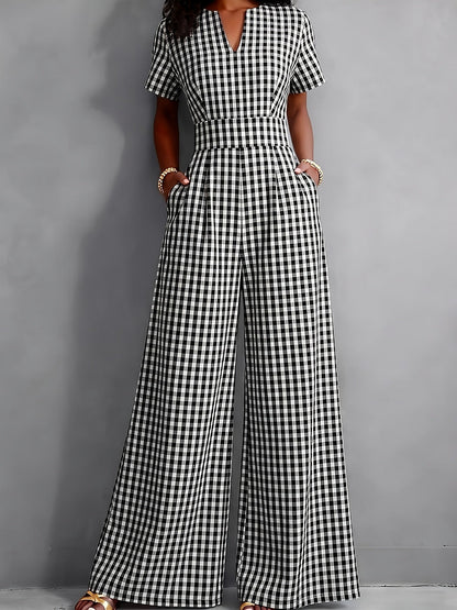 Effortless Gingham Wide Leg Jumpsuit for Women with V Neck Short Sleeve Pleated Pocket Casual Style