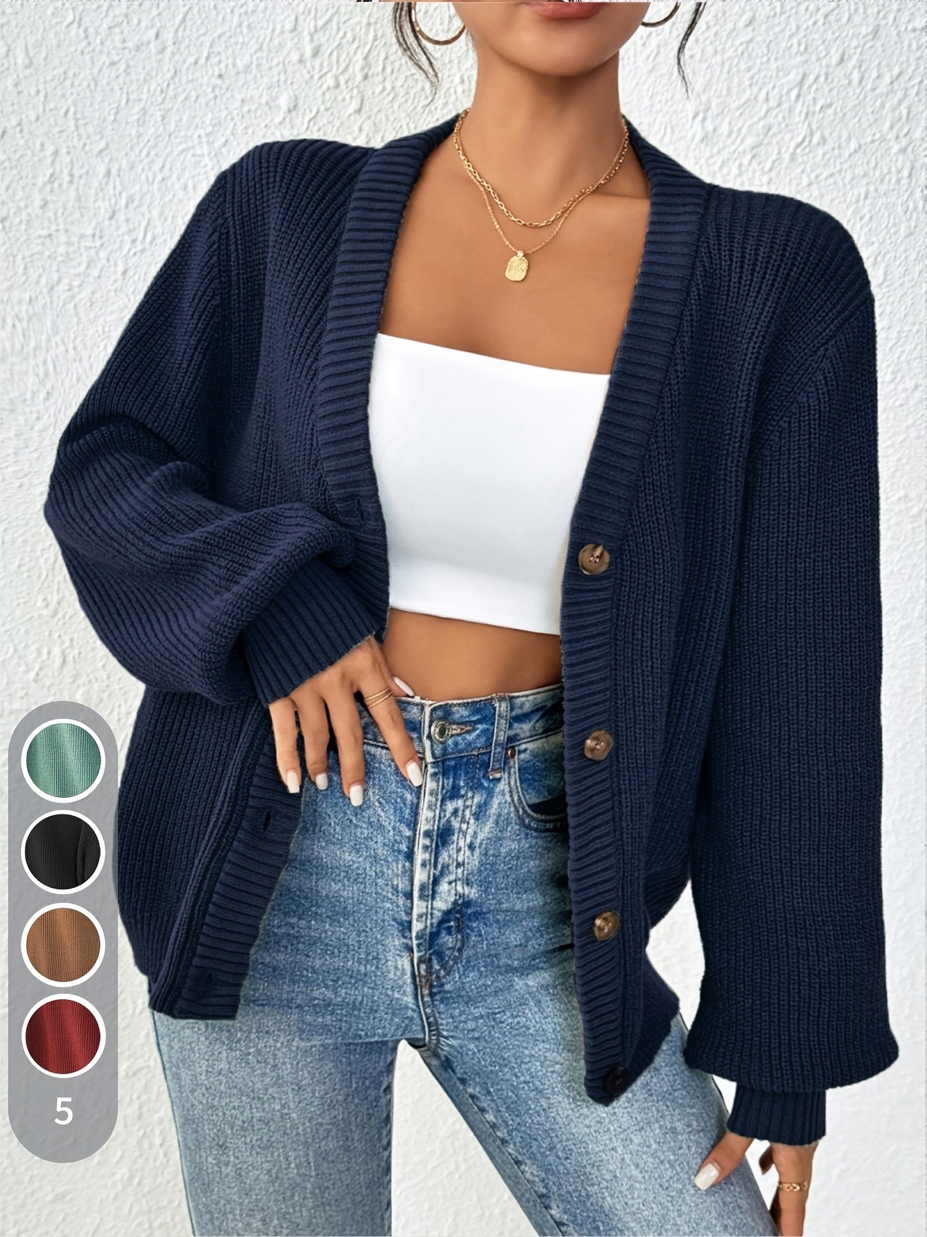 Comfortable Ribbed Knit Cardigan for Women with V Neck Balloon Sleeve Button Front Oversized Style
