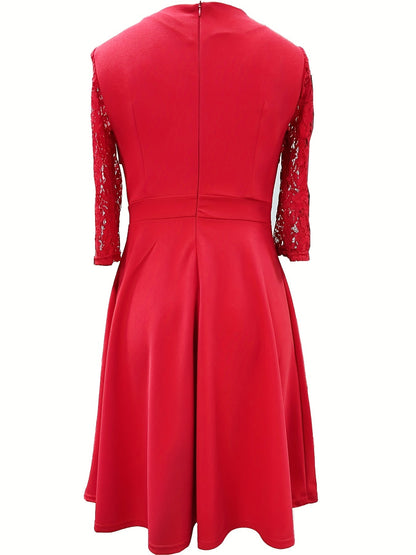 Elegant Lace Midi Dress for Women with Square Neck Three Quarter Sleeve Fit and Flare Cocktail Style