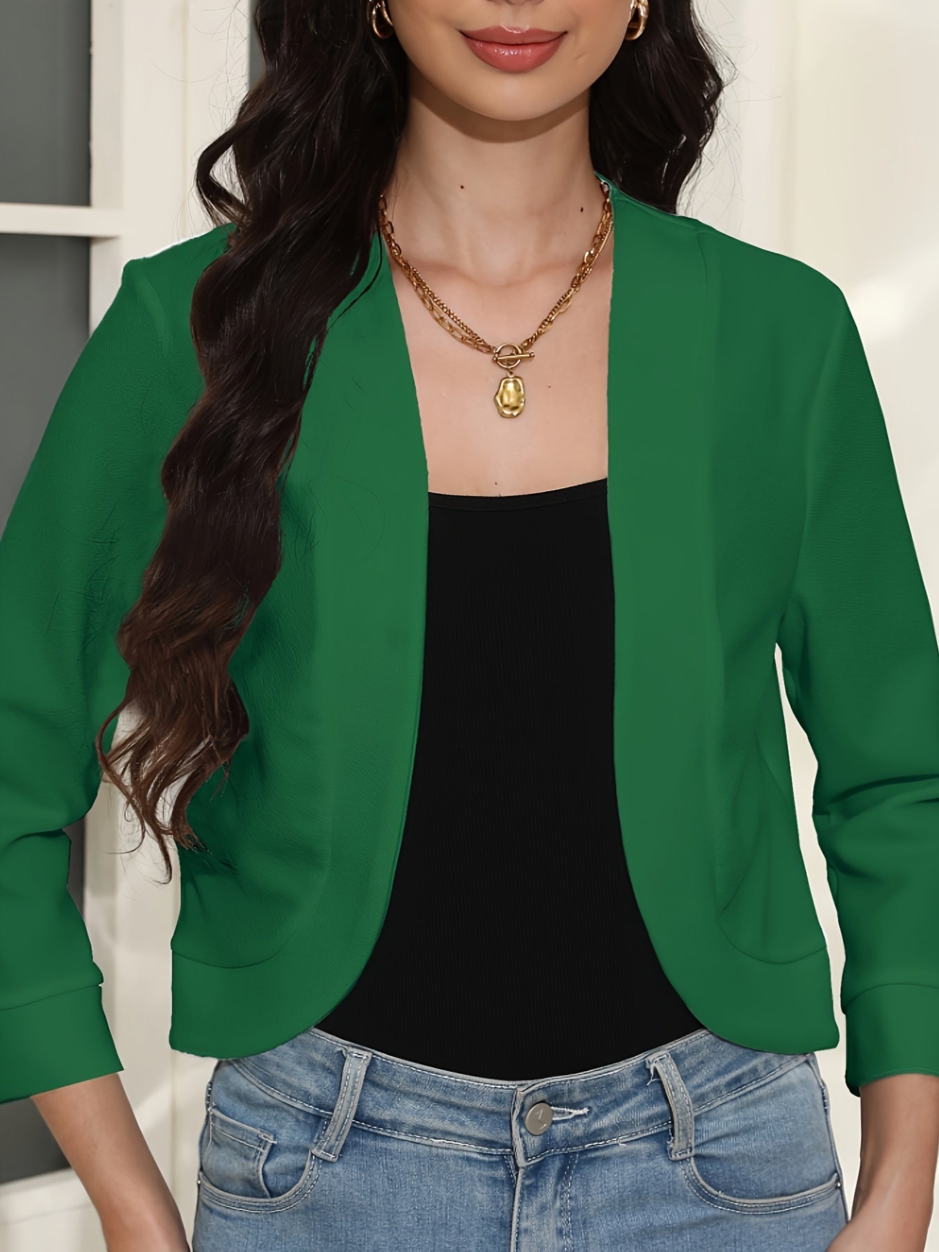 Effortless Cropped Jacket for Women with Open Front Elbow Sleeve Ribbed Cuff Relaxed Style