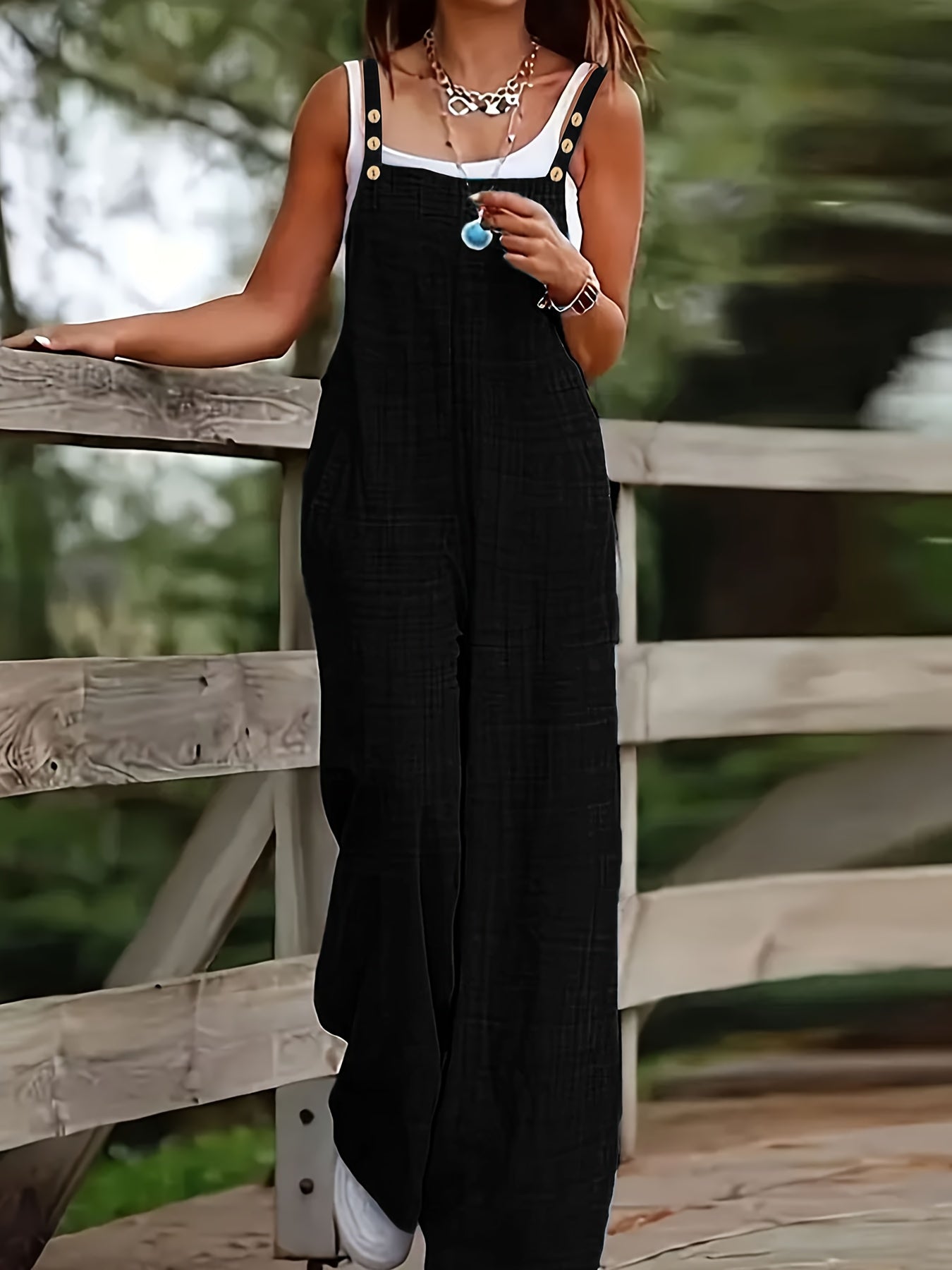 Effortless Linen Wide Leg Jumpsuit for Women with Square Neck Button Strap Relaxed Casual Style