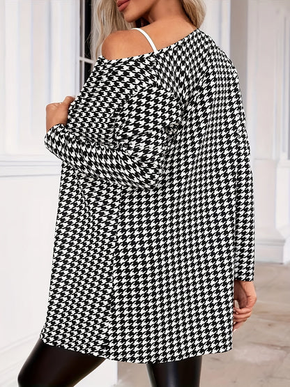 Elegant Houndstooth Print Cardigan for Women with Open Front Long Sleeve Longline Duster Style