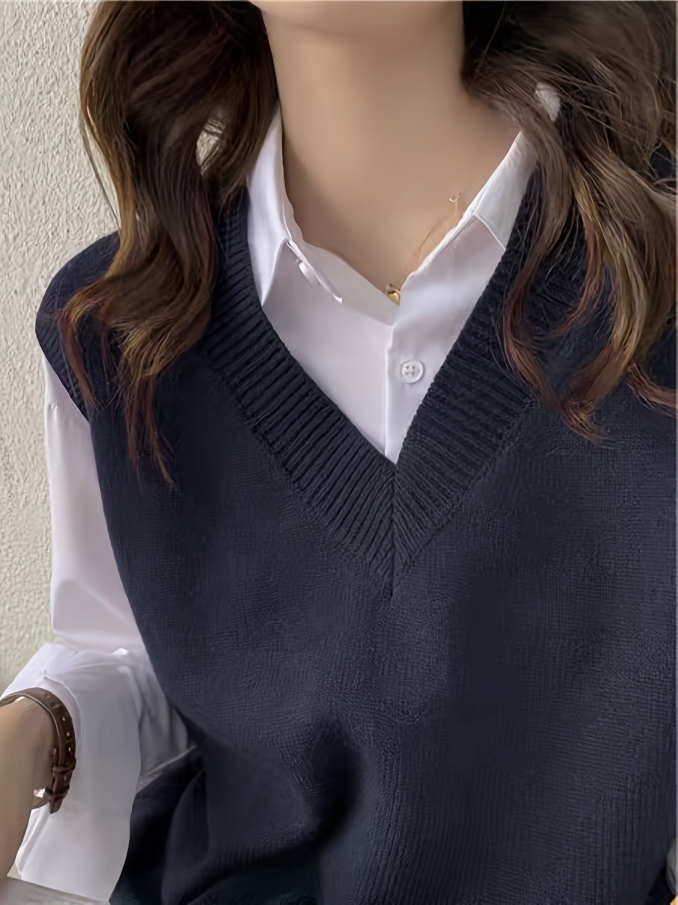 Comfortable Dark Blue Knit Sweater Vest for Women with V Neck Sleeveless Ribbed Trim Relaxed Style