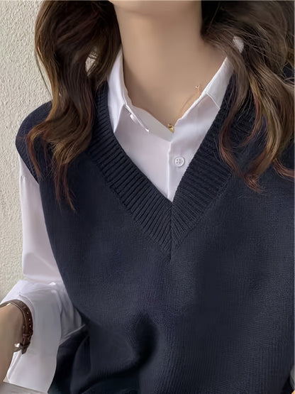 Comfortable Dark Blue Knit Sweater Vest for Women with V Neck Sleeveless Ribbed Trim Relaxed Style