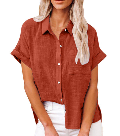 Effortless Linen Blouse for Women with Collar Short Sleeve Button Front High Low Casual Style